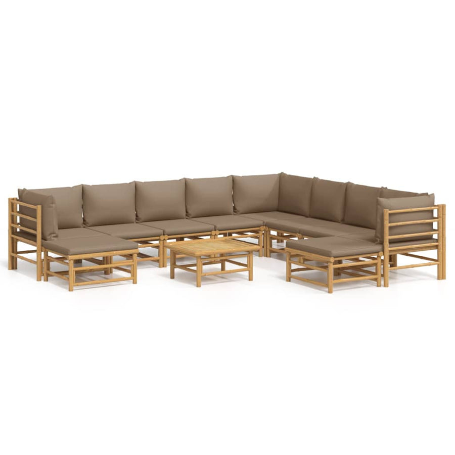 -Delige Loungeset Met Kussens Bamboe Taupe 3x hoek + 5x midden + 2x voetensteun + Tafel