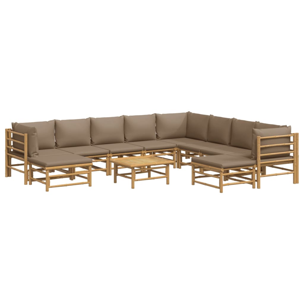 -Delige Loungeset Met Kussens Bamboe Taupe 3x hoek + 5x midden + 2x voetensteun + Tafel