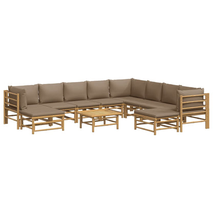 -Delige Loungeset Met Kussens Bamboe Taupe 3x hoek + 5x midden + 2x voetensteun + Tafel