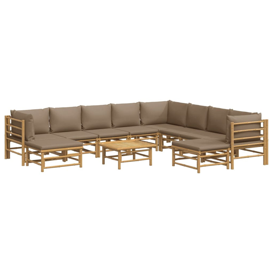 -Delige Loungeset Met Kussens Bamboe Taupe 3x hoek + 5x midden + 2x voetensteun + Tafel