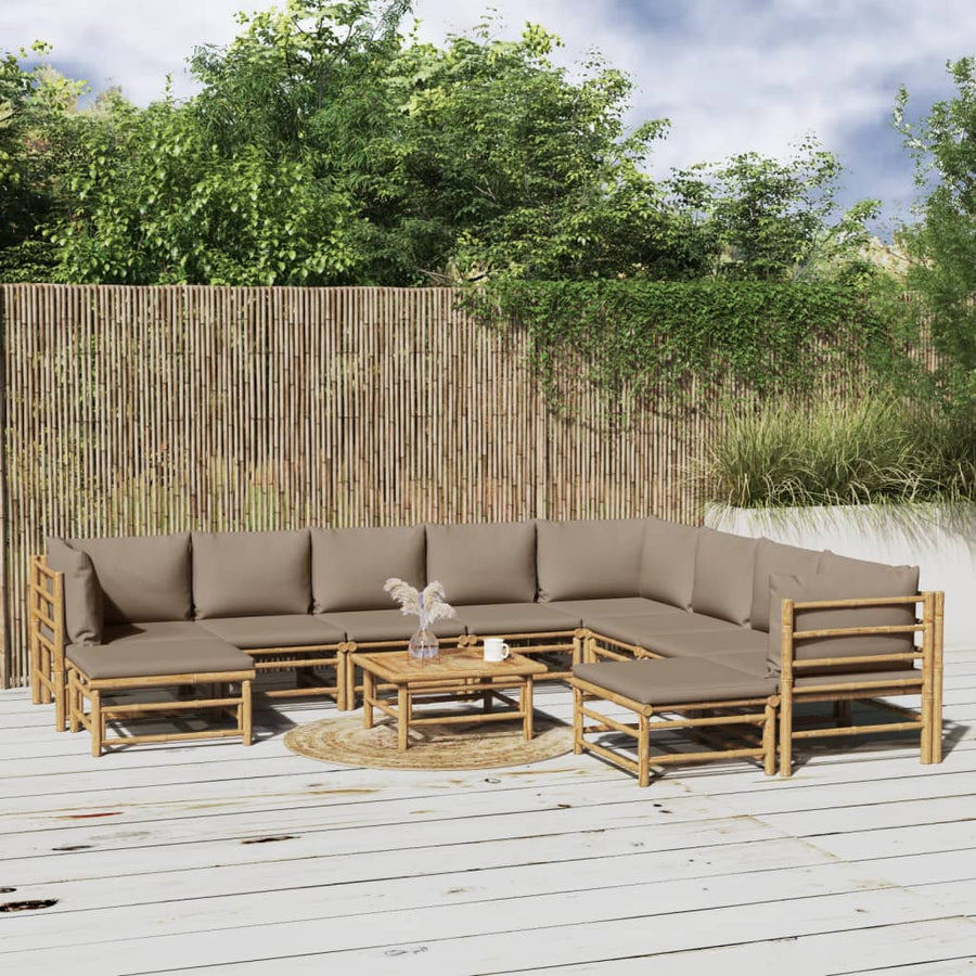 -Delige Loungeset Met Kussens Bamboe Taupe 3x hoek + 5x midden + 2x voetensteun + Tafel