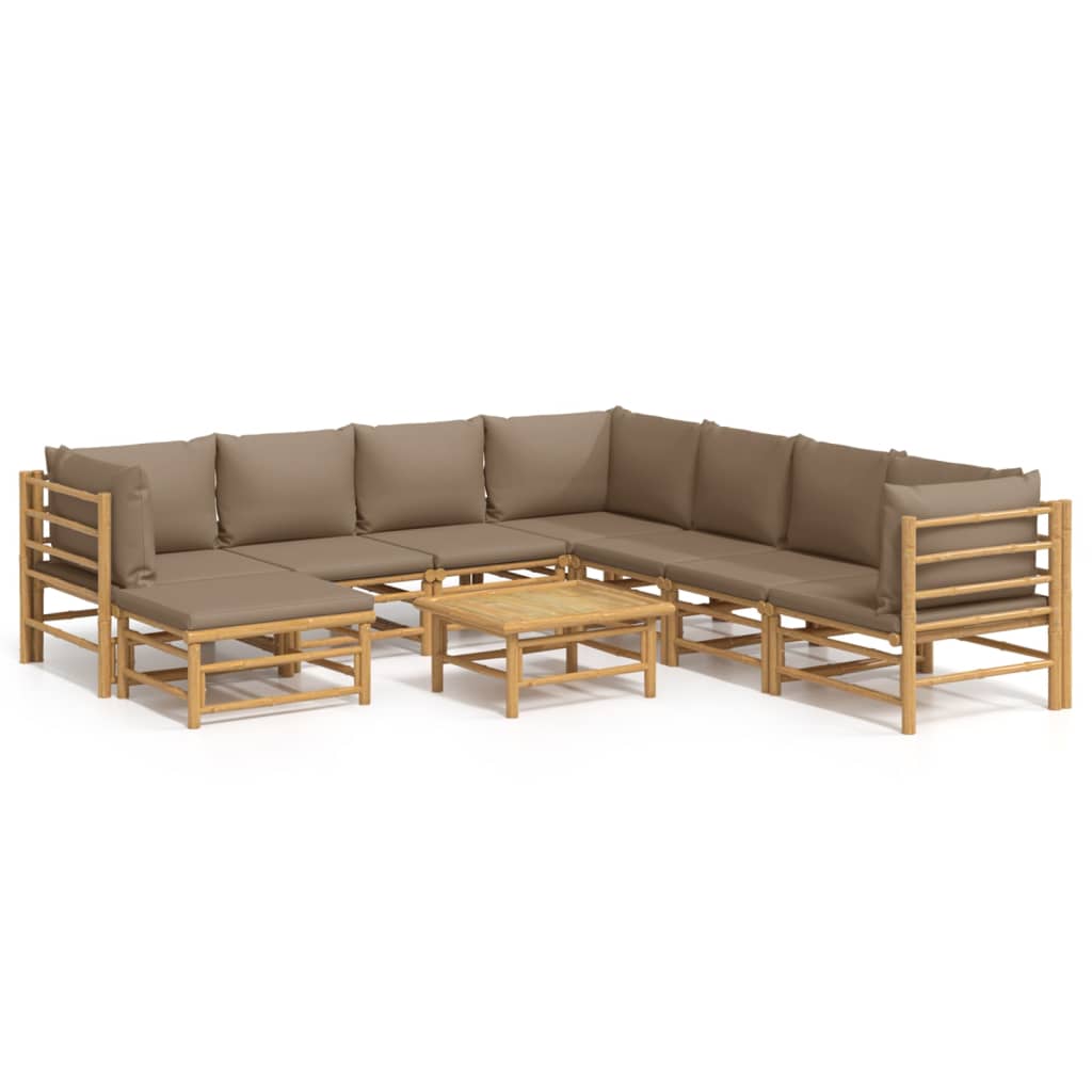 9-Delige Loungeset Met Kussens Bamboe Taupe 3x hoek + 4x midden + voetensteun + Tafel
