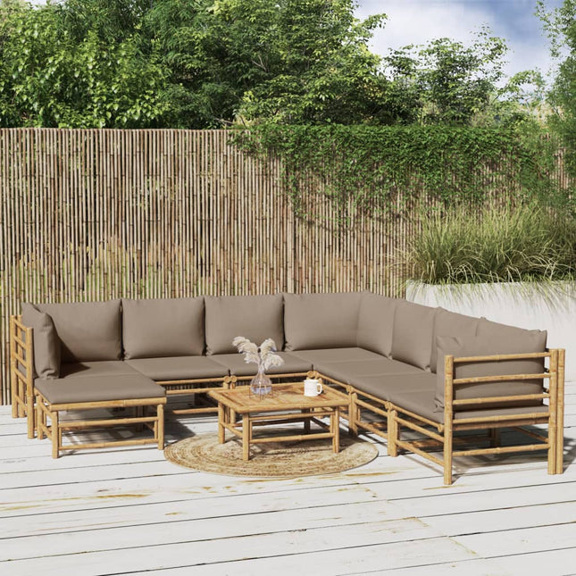 9-Delige Loungeset Met Kussens Bamboe Taupe 3x hoek + 4x midden + voetensteun + Tafel