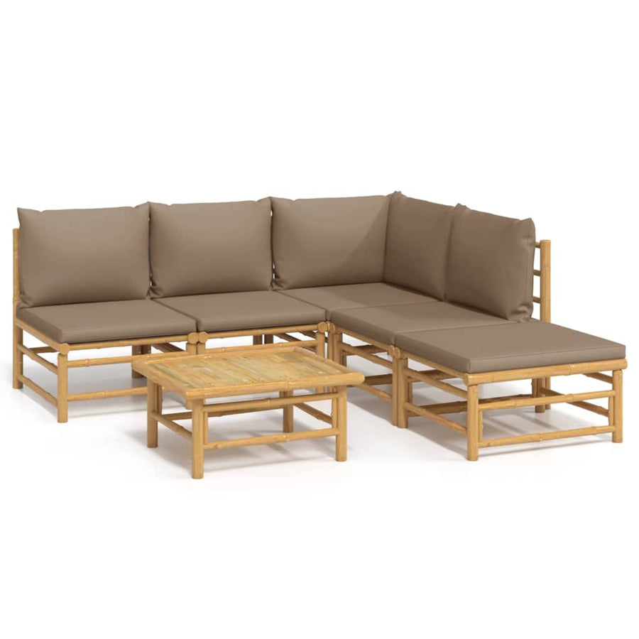 6-Delige Loungeset Met Kussens Bamboe Taupe hoek + 3x midden + voetensteun + Tafel