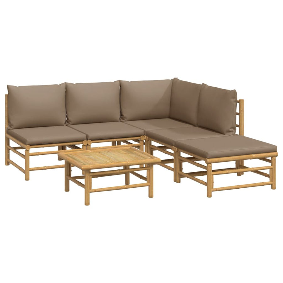 6-Delige Loungeset Met Kussens Bamboe Taupe hoek + 3x midden + voetensteun + Tafel