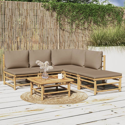 6-Delige Loungeset Met Kussens Bamboe Taupe hoek + 3x midden + voetensteun + Tafel