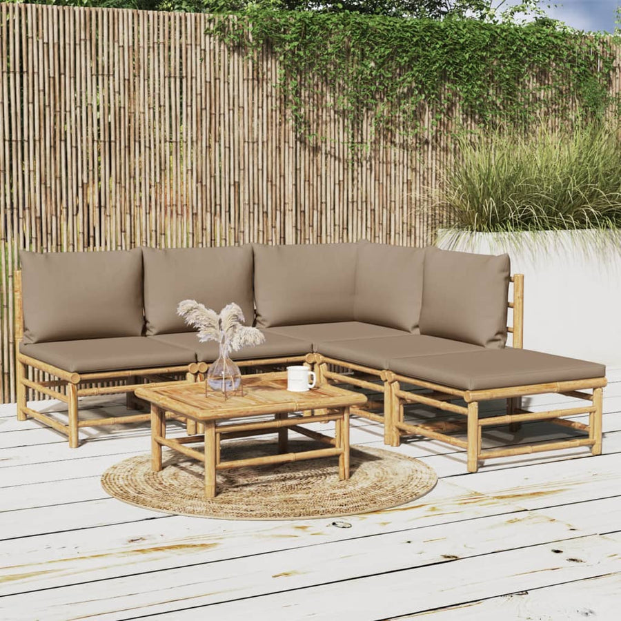 6-Delige Loungeset Met Kussens Bamboe Taupe hoek + 3x midden + voetensteun + Tafel