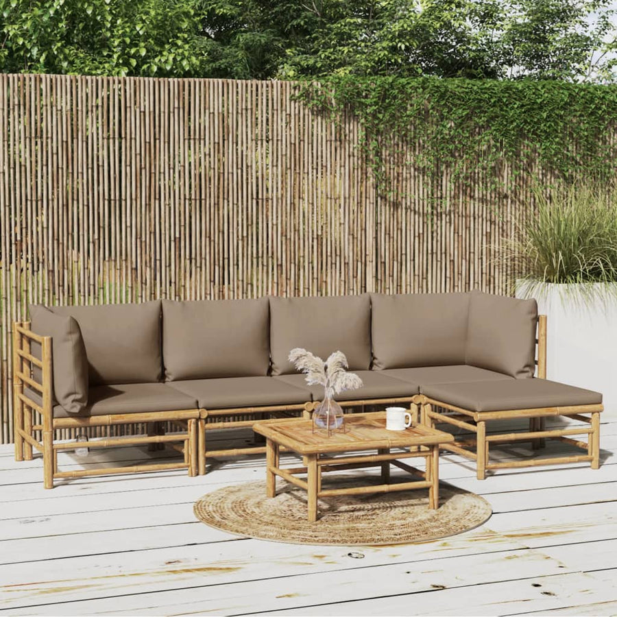 6-Delige Loungeset Met Kussens Bamboe Taupe 2x hoek + 2x midden + Tafel + voetensteun