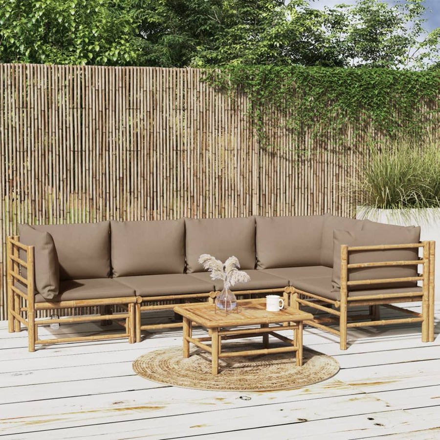 6-Delige Loungeset Met Kussens Bamboe Taupe 3x corner + 2x chair + table