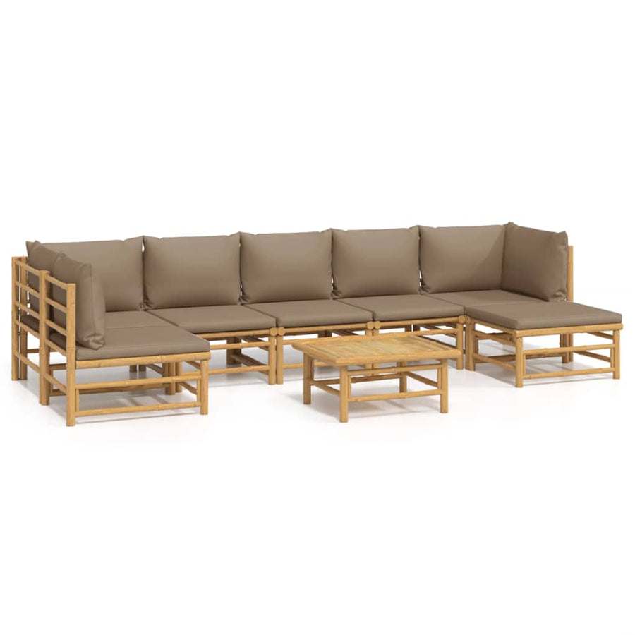 8-Delige Loungeset Met Kussens Bamboe Taupe 2x hoek + 4x midden + voetensteun + Tafel