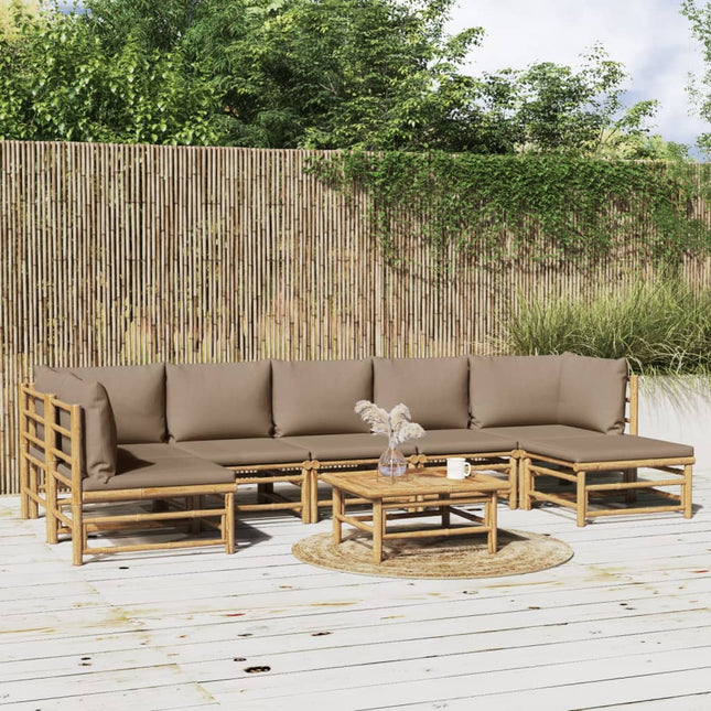 8-Delige Loungeset Met Kussens Bamboe Taupe 2x hoek + 4x midden + voetensteun + Tafel