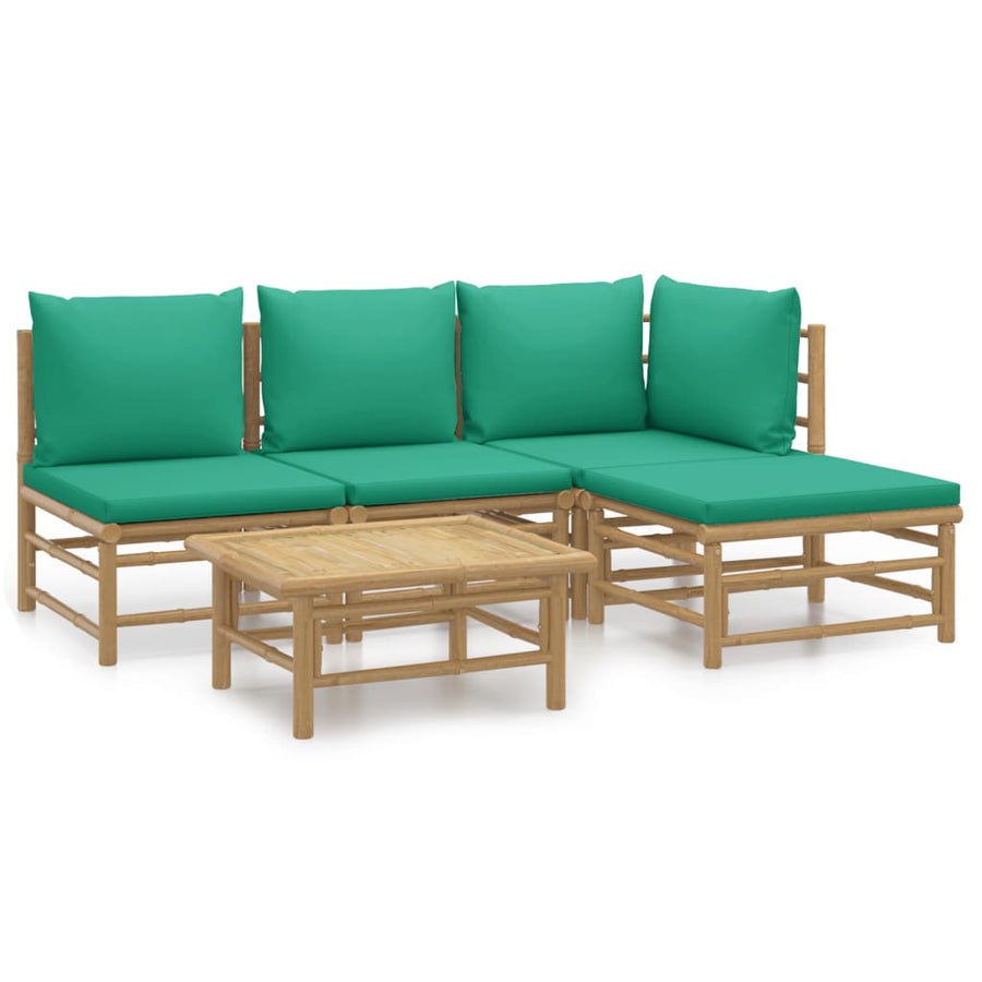 5-Delige Loungeset Met Kussens Bamboe Groen hoek + 2x midden + voetensteun + Tafel