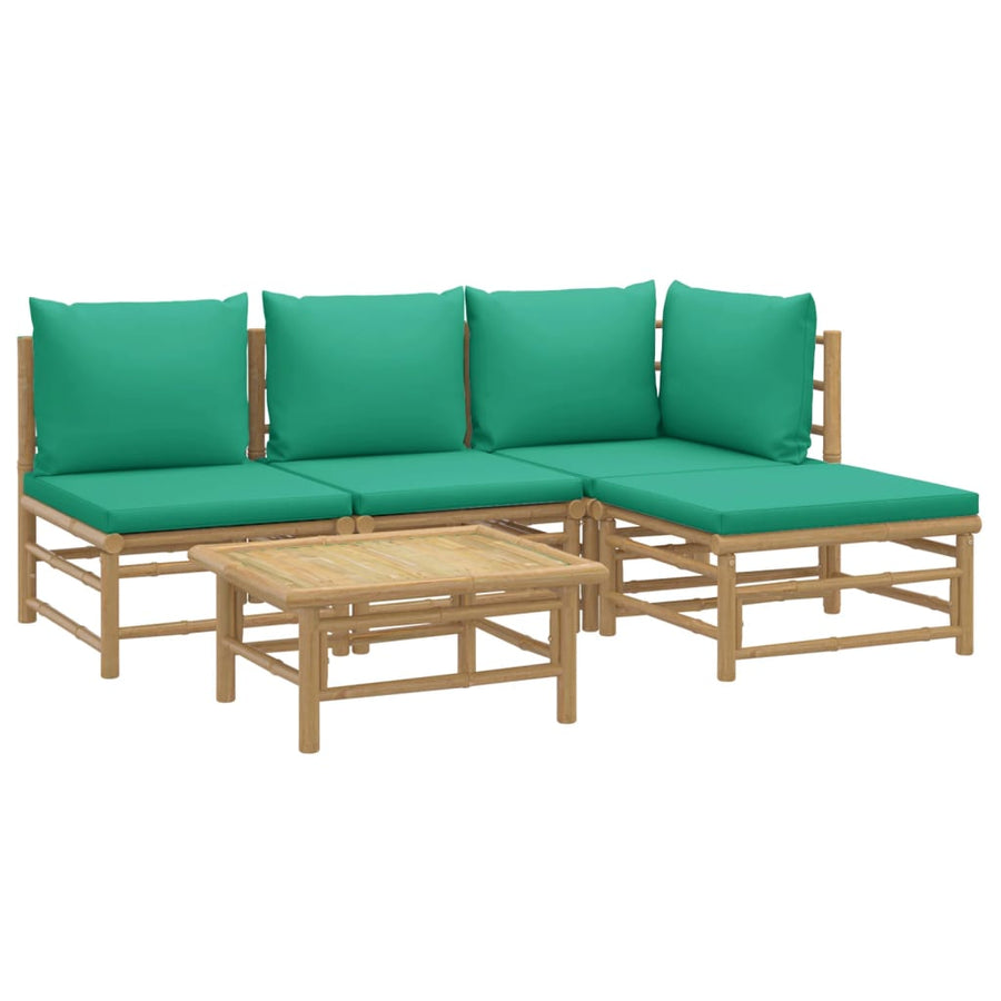 5-Delige Loungeset Met Kussens Bamboe Groen hoek + 2x midden + voetensteun + Tafel