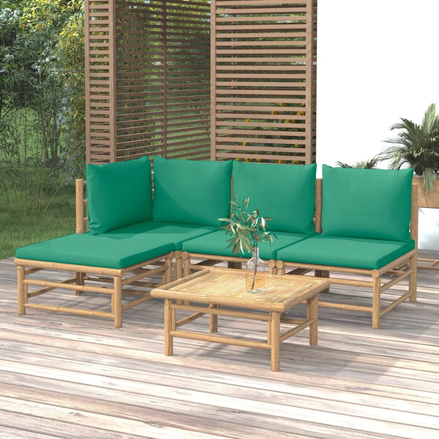 5-Delige Loungeset Met Kussens Bamboe Groen hoek + 2x midden + voetensteun + Tafel