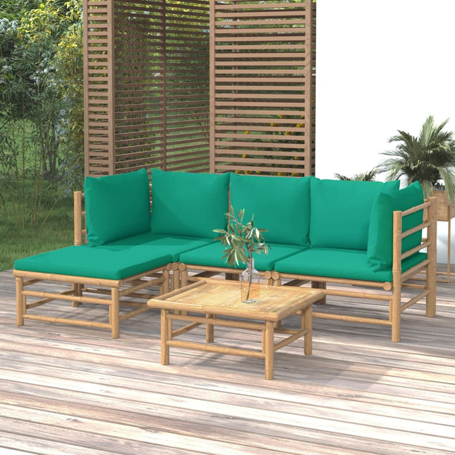 5-Delige Loungeset Met Kussens Bamboe Groen 2x hoek + midden + voetensteun + Tafel