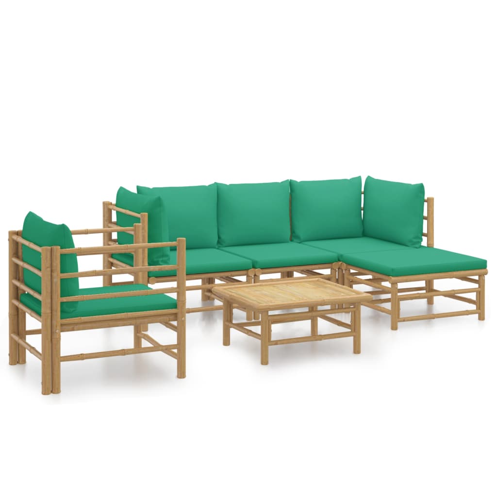 6-Delige Loungeset Met Kussens Bamboe Groen 2x corner + middle + chair + footrest + table