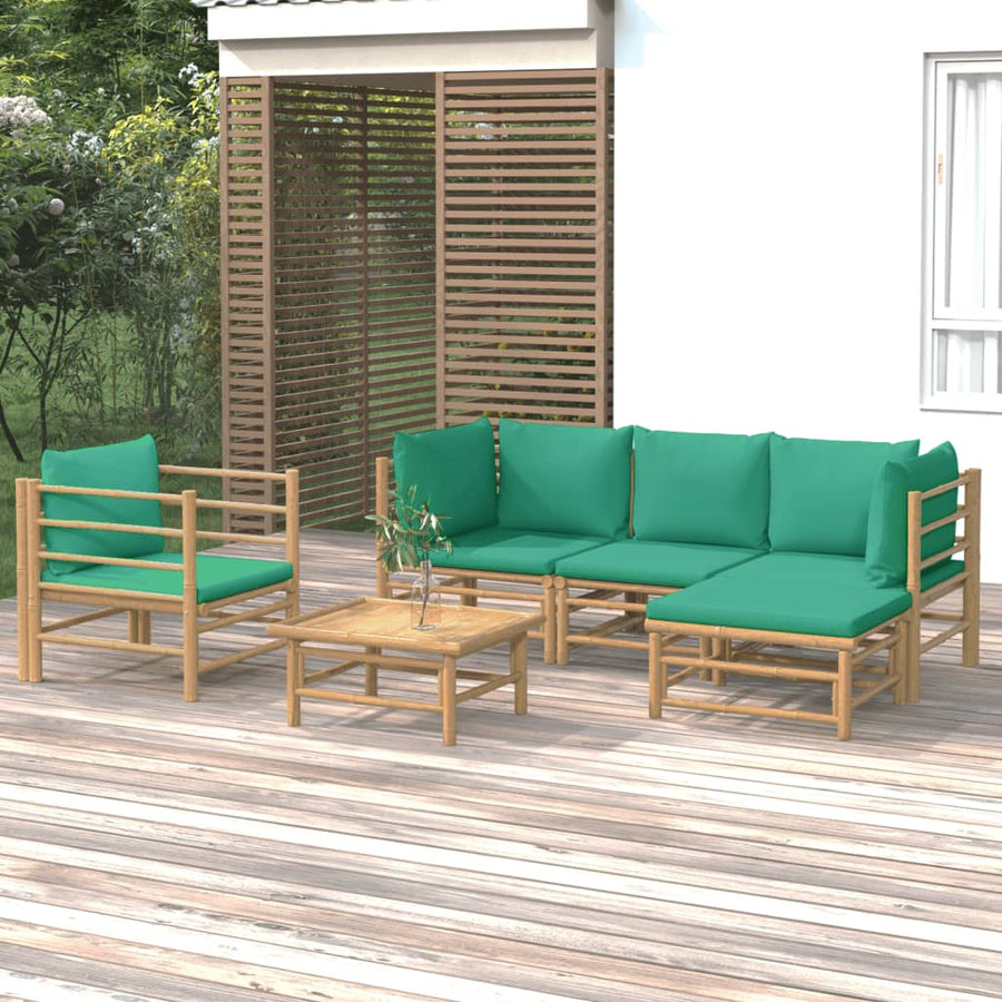 6-Delige Loungeset Met Kussens Bamboe Groen 2x corner + middle + chair + footrest + table