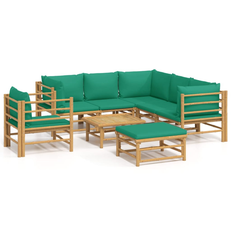8-Delige Loungeset Met Kussens Bamboe Groen 3x corner + 2x middle + chair + footrest + table