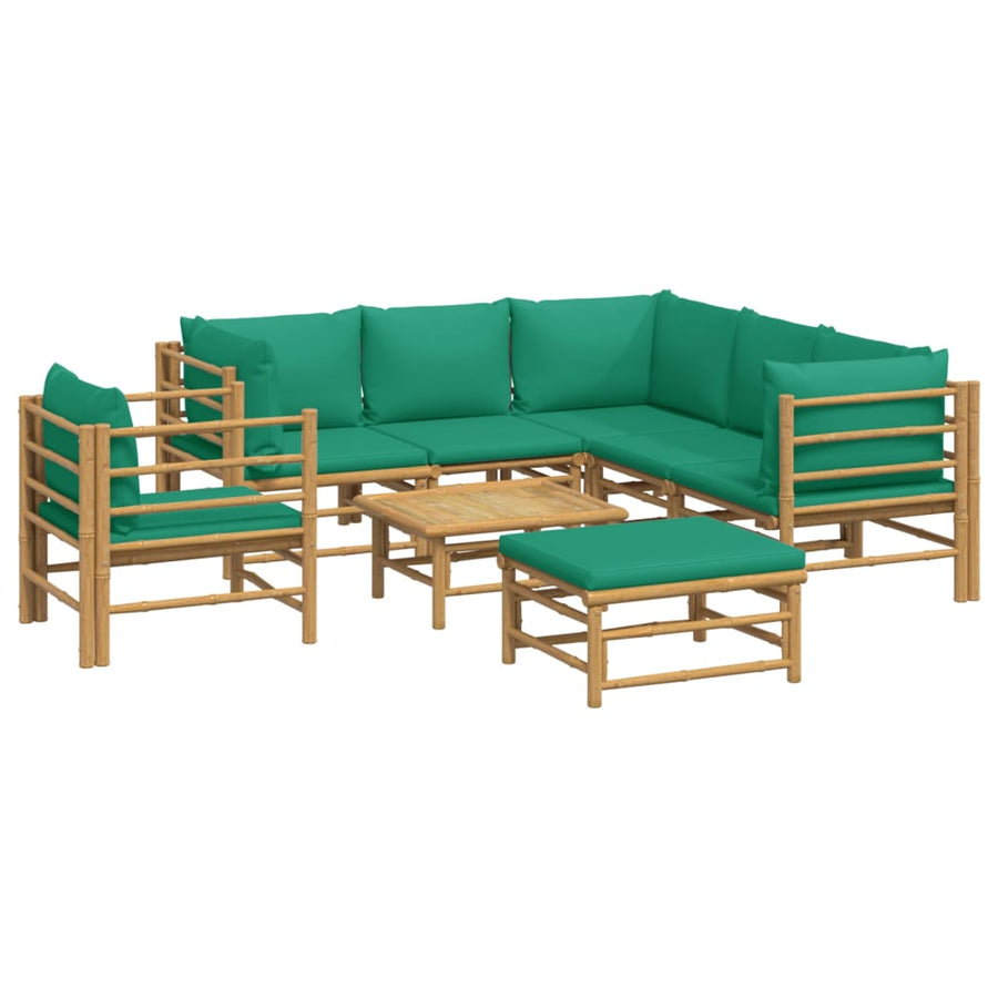 8-Delige Loungeset Met Kussens Bamboe Groen 3x corner + 2x middle + chair + footrest + table