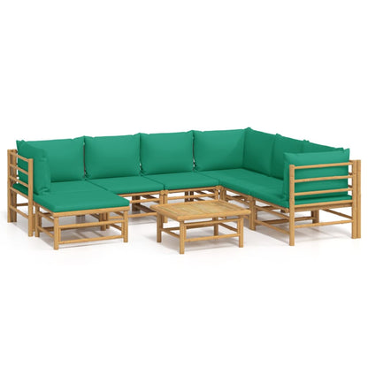 8-Delige Loungeset Met Kussens Bamboe Groen 3x hoek + 3x midden + voetensteun + Tafel