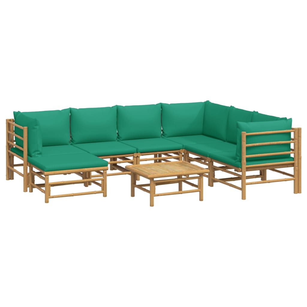 8-Delige Loungeset Met Kussens Bamboe Groen 3x hoek + 3x midden + voetensteun + Tafel
