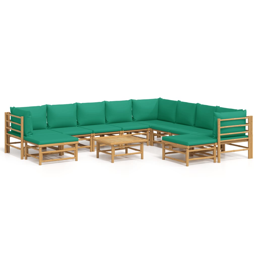 -Delige Loungeset Met Kussens Bamboe Groen 3x hoek + 5x midden + 2x voetensteun + Tafel