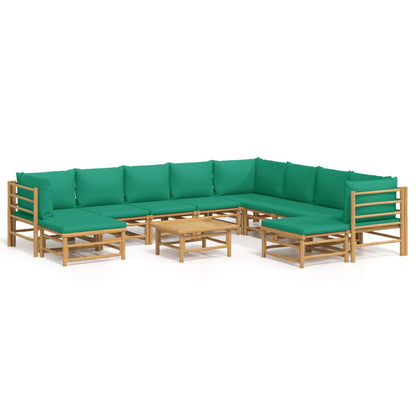 -Delige Loungeset Met Kussens Bamboe Groen 3x hoek + 5x midden + 2x voetensteun + Tafel