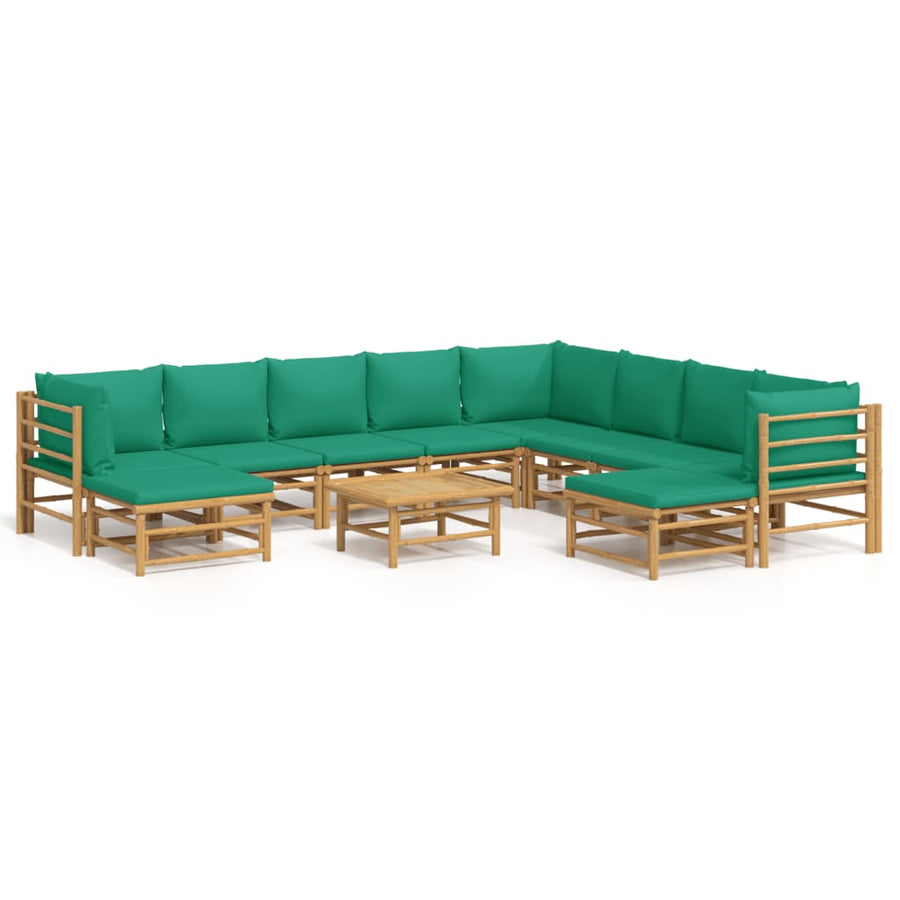 -Delige Loungeset Met Kussens Bamboe Groen 3x hoek + 5x midden + 2x voetensteun + Tafel