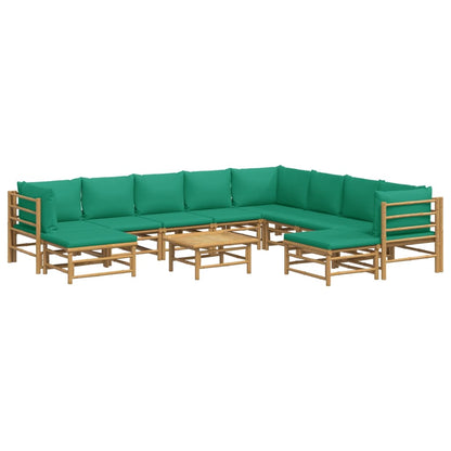 -Delige Loungeset Met Kussens Bamboe Groen 3x hoek + 5x midden + 2x voetensteun + Tafel