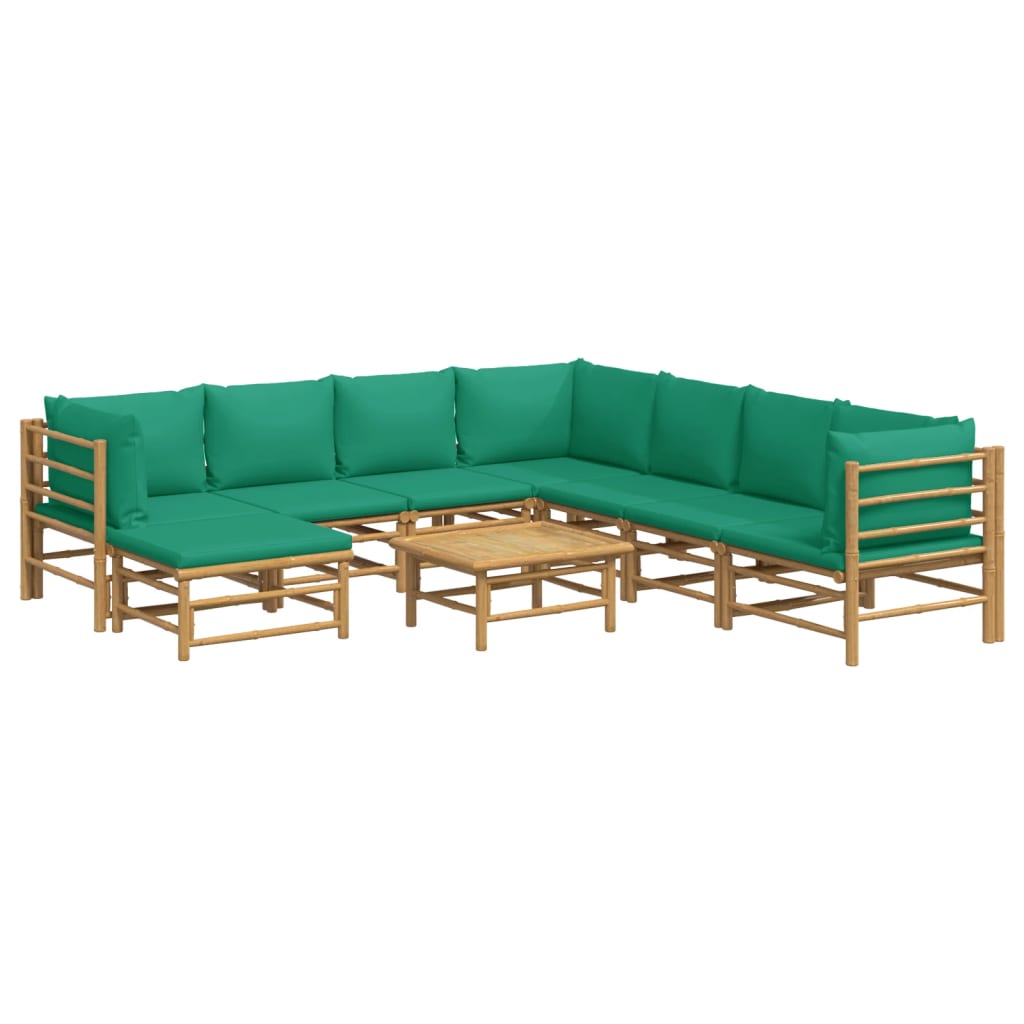 9-Delige Loungeset Met Kussens Bamboe Groen 3x hoek + 4x midden + voetensteun + Tafel