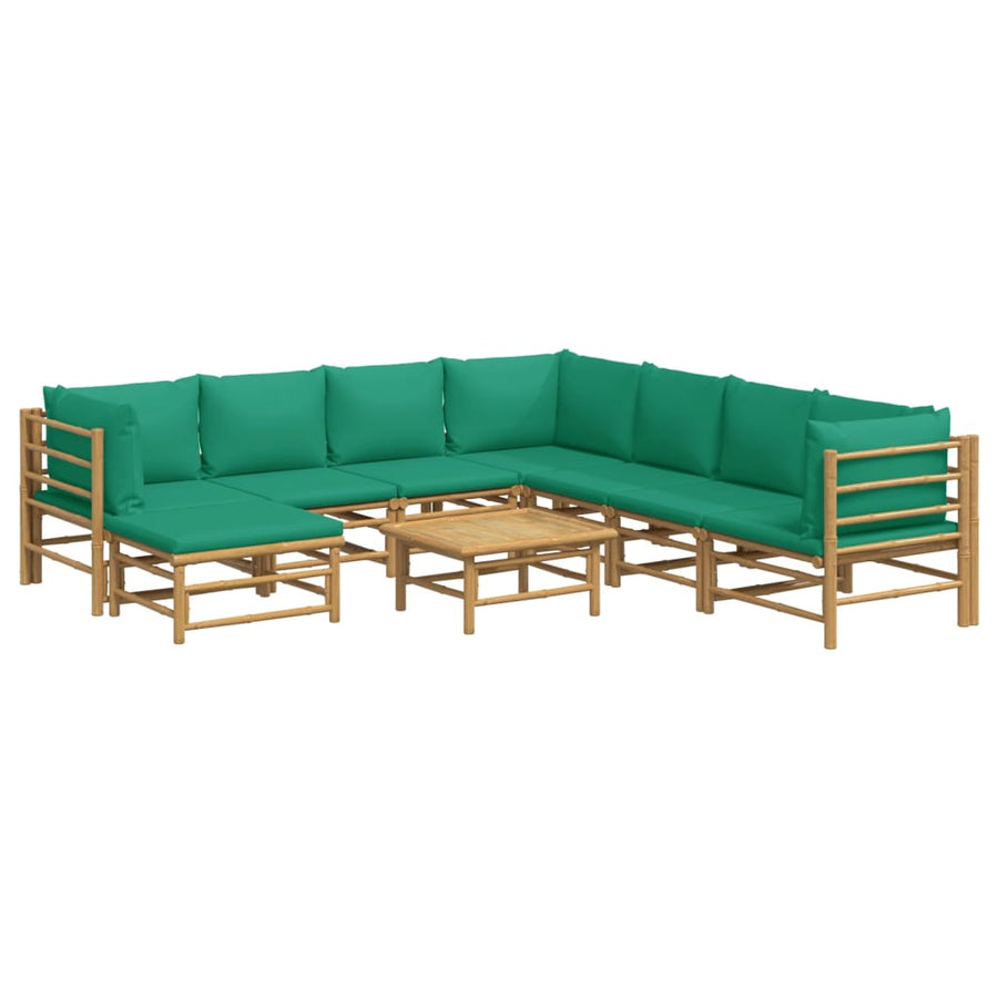 9-Delige Loungeset Met Kussens Bamboe Groen 3x hoek + 4x midden + voetensteun + Tafel