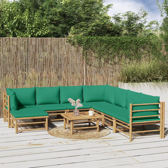 9-Delige Loungeset Met Kussens Bamboe Groen 3x hoek + 4x midden + voetensteun + Tafel