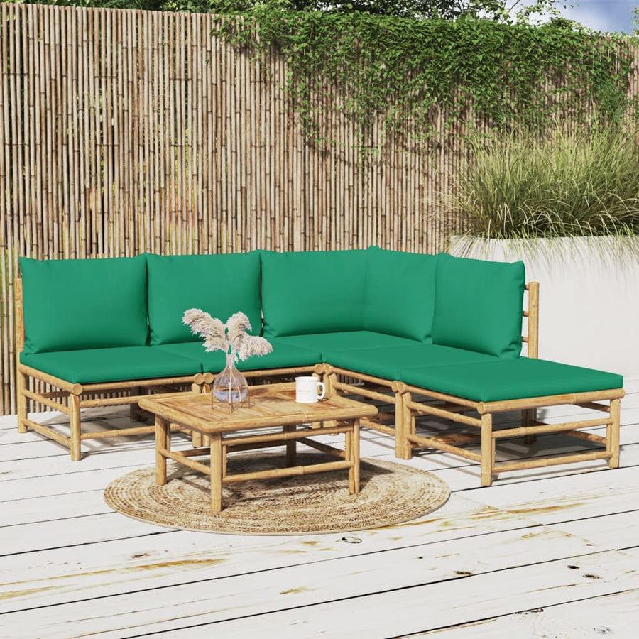 6-Delige Loungeset Met Kussens Bamboe Groen hoek + 3x midden + voetensteun + Tafel