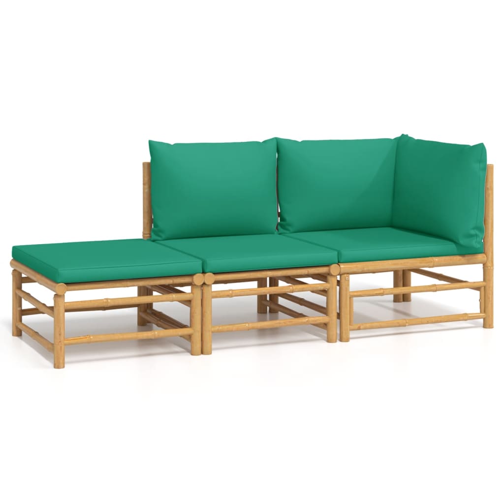 3-Delige Loungeset Met Kussens Bamboe Groen hoek + midden + voetensteun