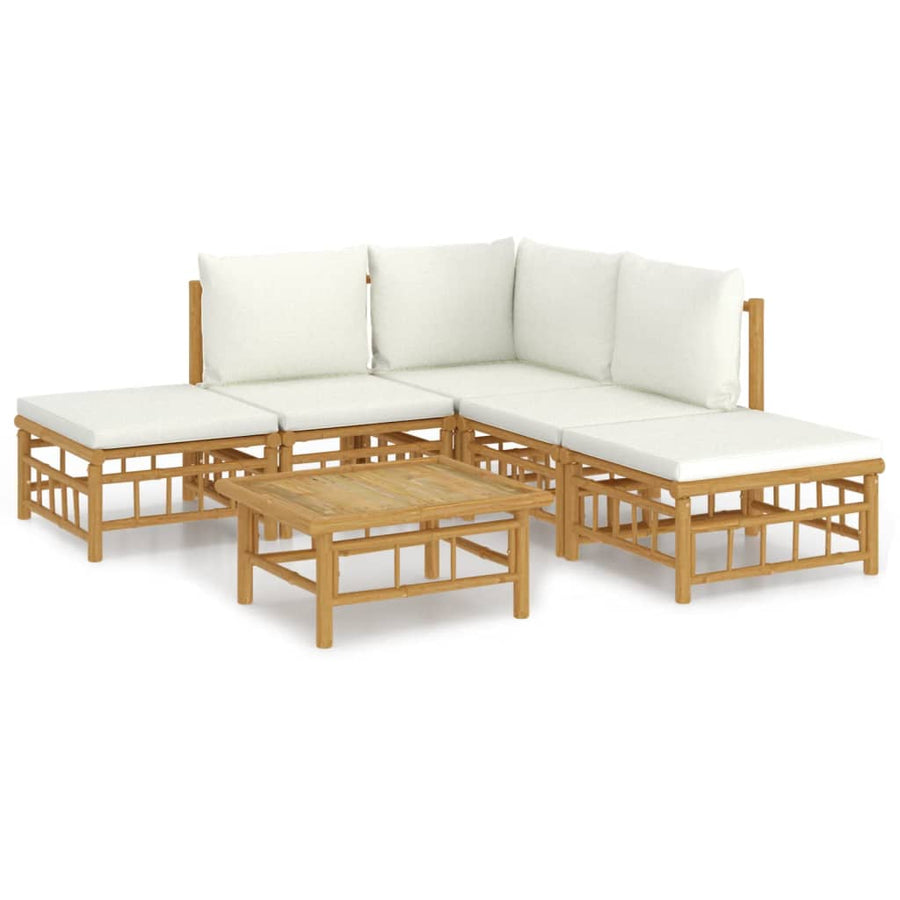 6-Delige Loungeset Met Kussens Bamboe Wit Crème hoek + 2x midden + 2x voetensteun + Tafel