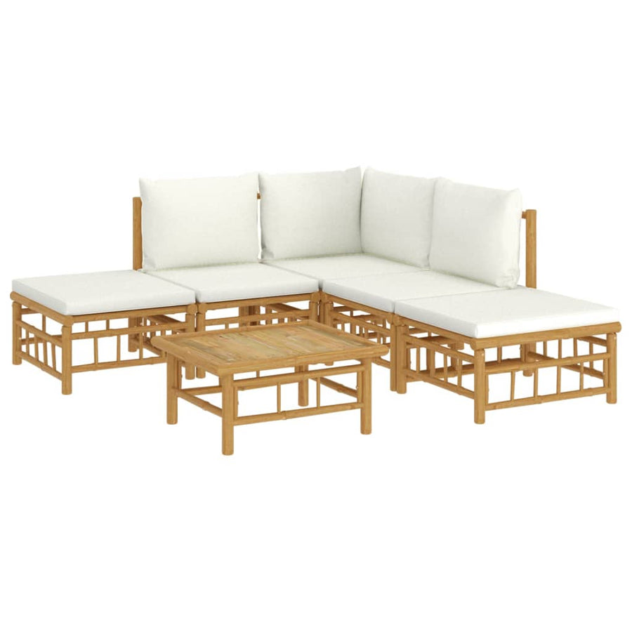 6-Delige Loungeset Met Kussens Bamboe Wit Crème hoek + 2x midden + 2x voetensteun + Tafel