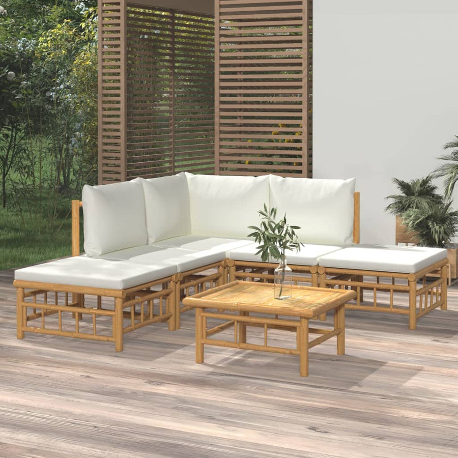 6-Delige Loungeset Met Kussens Bamboe Wit Crème hoek + 2x midden + 2x voetensteun + Tafel
