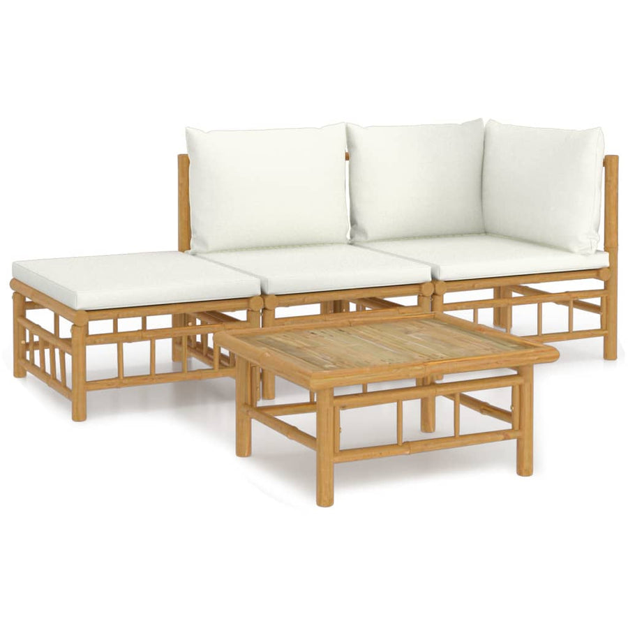 4-Delige Loungeset Met Kussens Bamboe Wit Crème hoek + midden + voetensteun + Tafel
