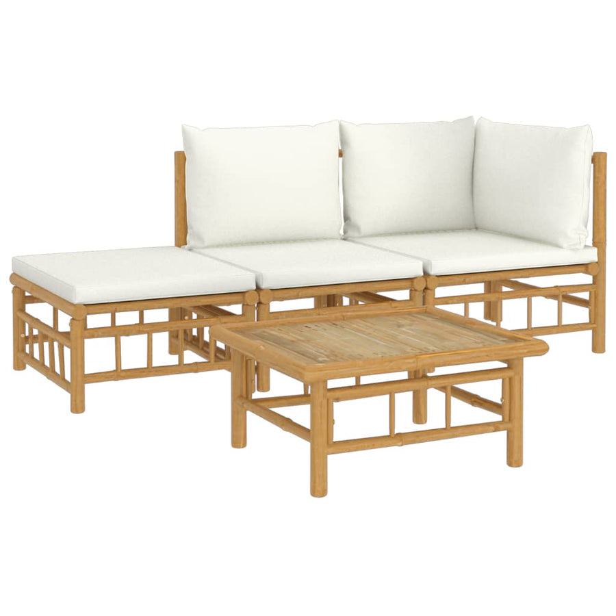 4-Delige Loungeset Met Kussens Bamboe Wit Crème hoek + midden + voetensteun + Tafel