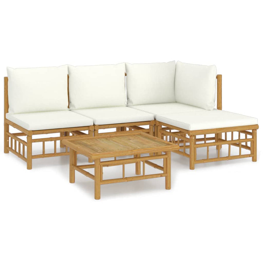 5-Delige Loungeset Met Kussens Bamboe Wit Crème hoek + 2x midden + voetensteun + Tafel