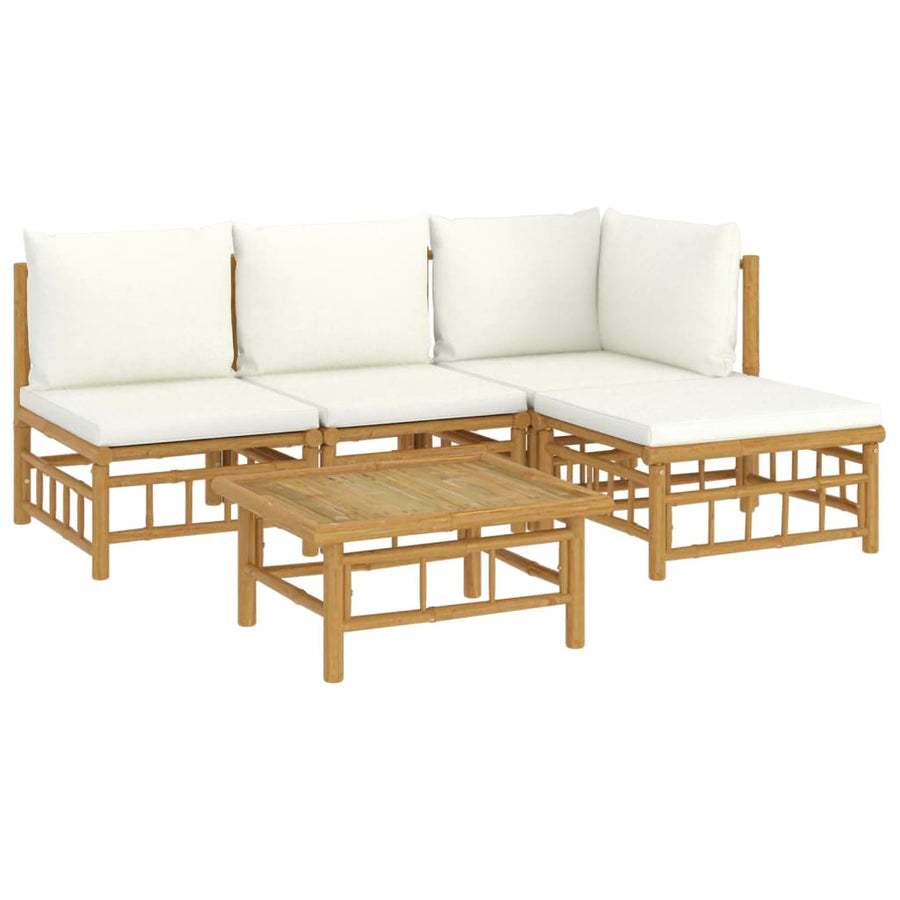5-Delige Loungeset Met Kussens Bamboe Wit Crème hoek + 2x midden + voetensteun + Tafel