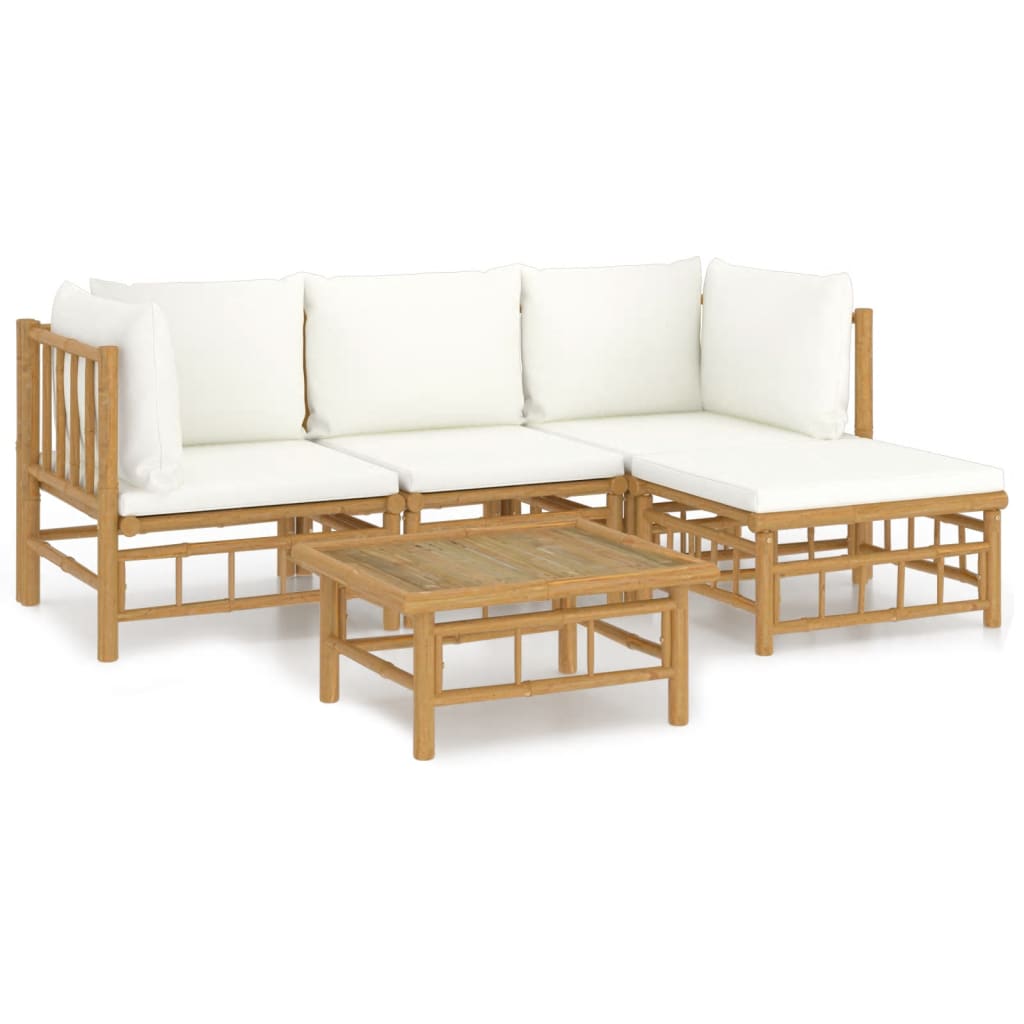 5-Delige Loungeset Met Kussens Bamboe Wit Crème 2x hoek + midden + voetensteun + Tafel