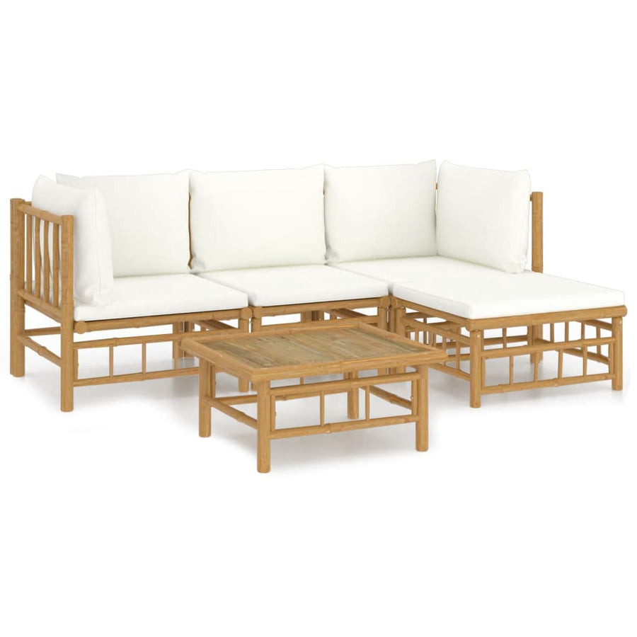 5-Delige Loungeset Met Kussens Bamboe Wit Crème 2x hoek + midden + voetensteun + Tafel