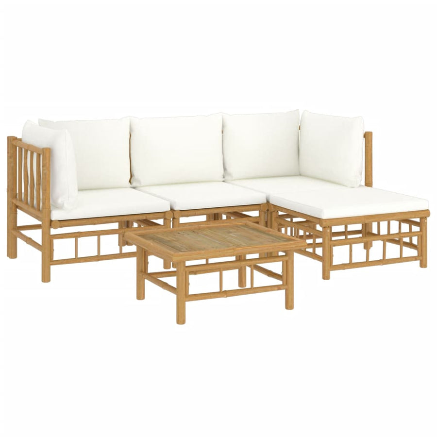 5-Delige Loungeset Met Kussens Bamboe Wit Crème 2x hoek + midden + voetensteun + Tafel