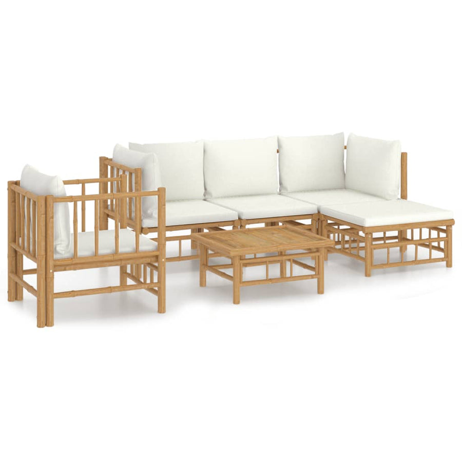 6-Delige Loungeset Met Kussens Bamboe Wit Crème 2x corner + middle + chair + footrest + table