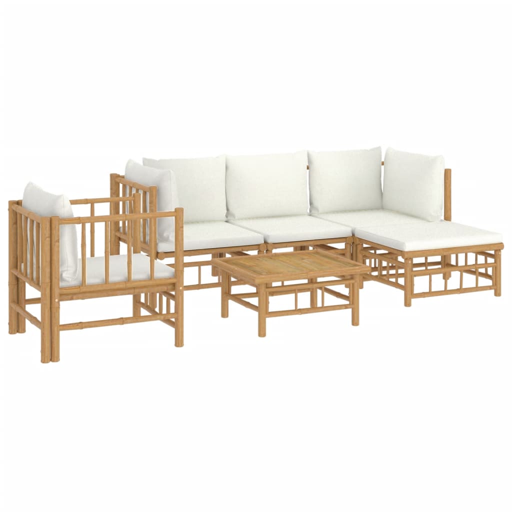 6-Delige Loungeset Met Kussens Bamboe Wit Crème 2x corner + middle + chair + footrest + table