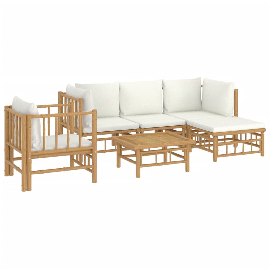6-Delige Loungeset Met Kussens Bamboe Wit Crème 2x corner + middle + chair + footrest + table
