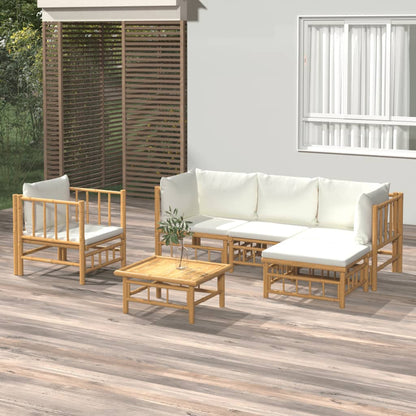 6-Delige Loungeset Met Kussens Bamboe Wit Crème 2x corner + middle + chair + footrest + table