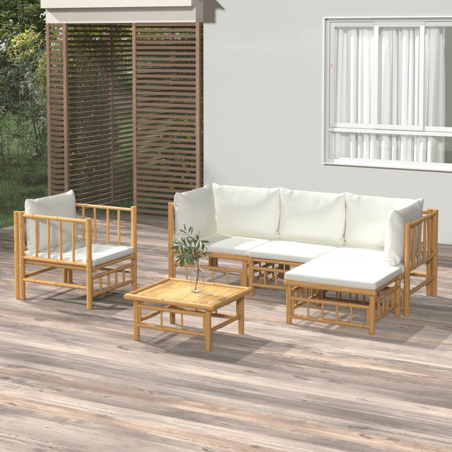 6-Delige Loungeset Met Kussens Bamboe Wit Crème 2x corner + middle + chair + footrest + table