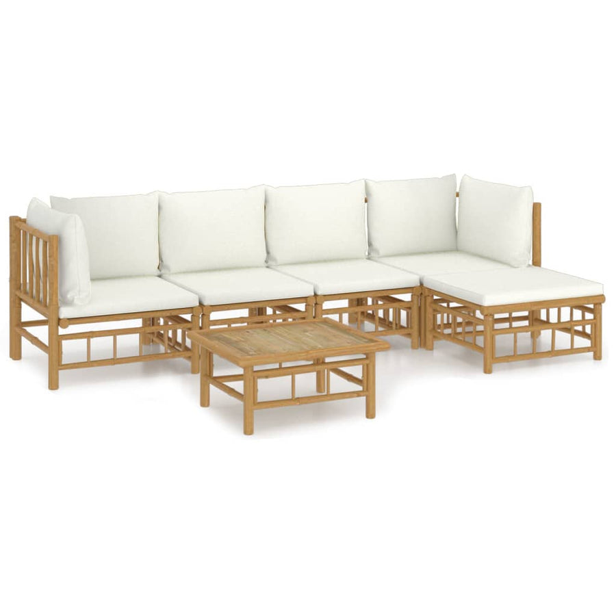 6-Delige Loungeset Met Kussens Bamboe Wit Crème 2x hoek + 2x midden + voetensteun + Tafel